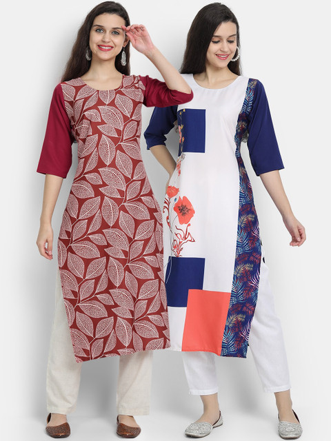 

7threads women Pack Of 2 maroon & blue floral printed crepe kurta