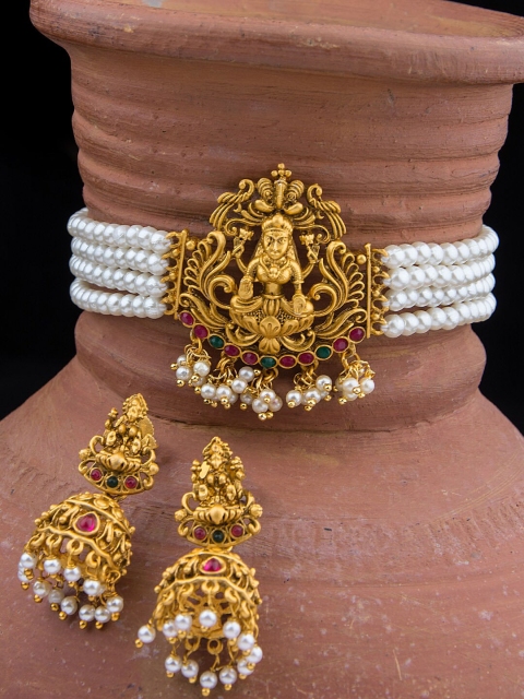 

Alankruthi Gold-Plated White & Magenta Pink Stone-Studded Beaded Temple Jewellery Set