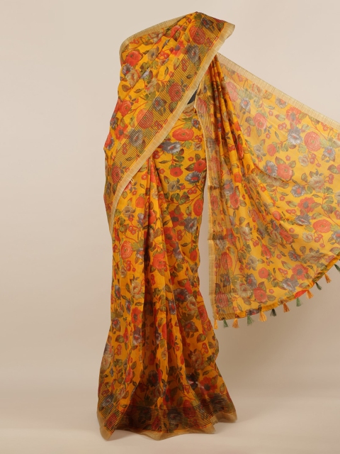 Pothys Mustard Yellow Printed Jute Silk Saree