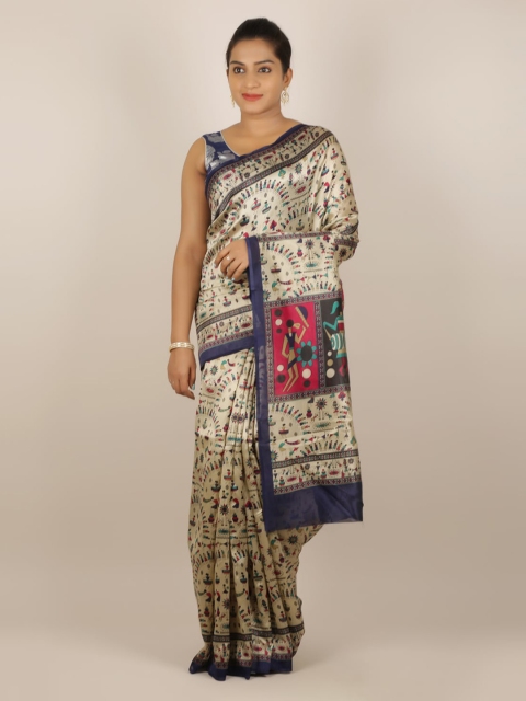 

Pothys Cream-Coloured & Black Jute Silk Printed Saree