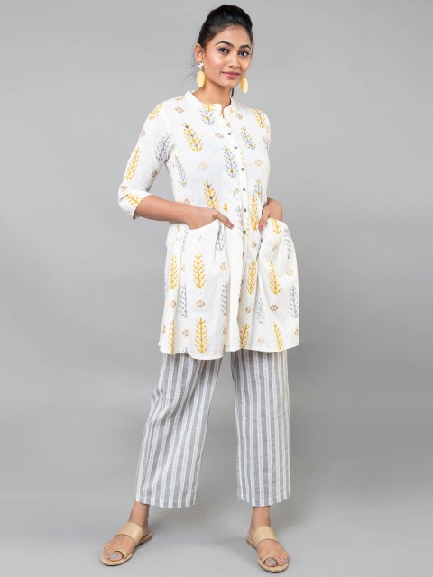 

KLM Fashion Mall Women Cream-Coloured & White Woven Design Kurti with Trousers