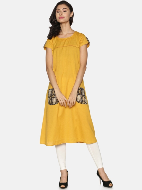 

Saffron Threads Women Mustard Yellow Thread Work Kurta