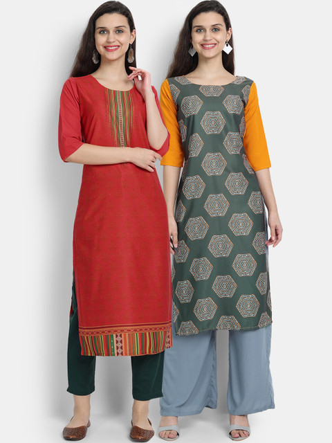 

7threads women Pack Of 2 maroon & green geometric printed crepe kurta
