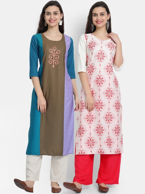 

7threads women Pack Of 2 turquoise blue & white geometric printed crepe kurta