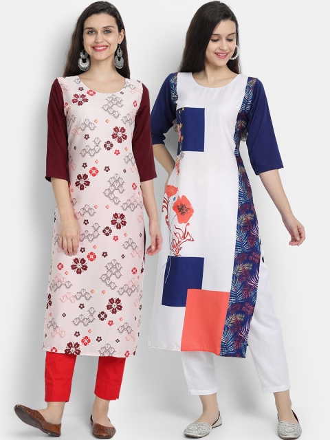 

7threads women Pack Of 2 brown & blue floral printed crepe kurta