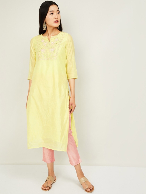 

Melange by Lifestyle Women Yellow & Peach Embroidered Kurta with Trousers & Dupatta