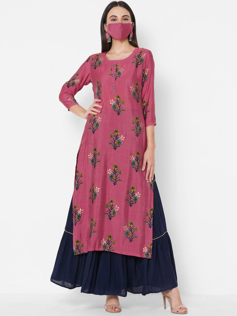 

FASHOR Women Pink Floral Printed Straight Kurta