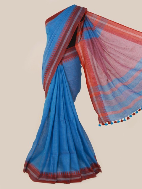 

Pothys Blue & Red Linen Blend Solid Saree