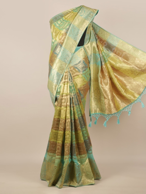 Pothys Sea Green & Yellow Jute Silk Woven Design Saree
