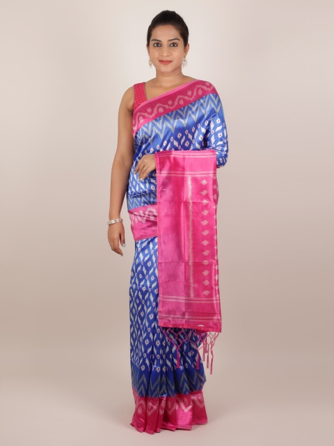 

Pothys Blue & Pink Jute Silk Printed Saree With Tasseled Pallu