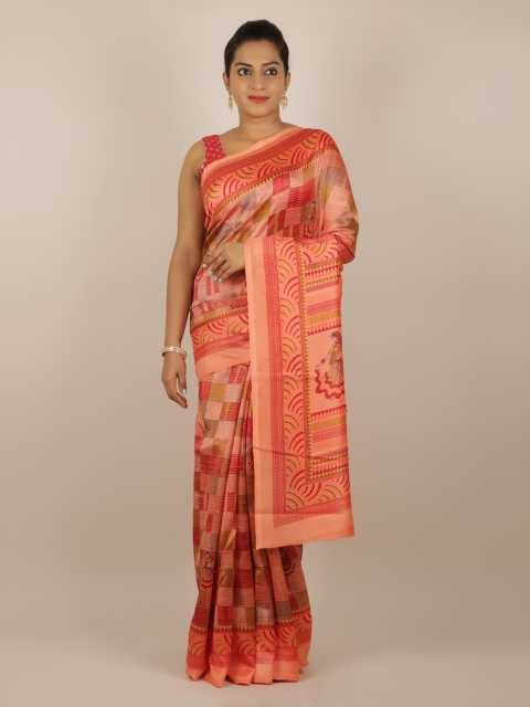 

Pothys Peach-Coloured Printed Jute Silk Saree