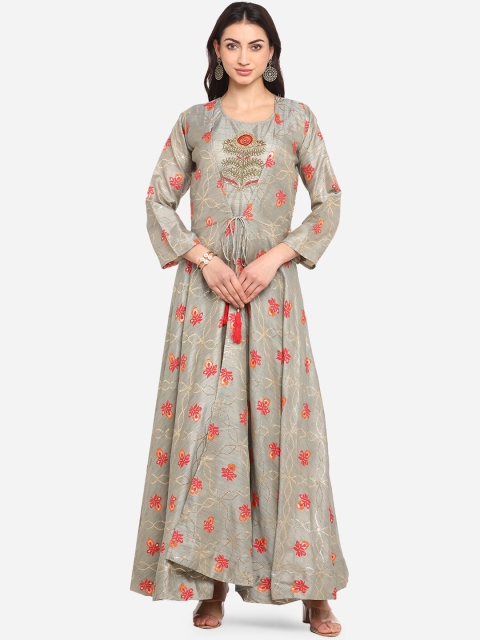 BOMBAY SELECTIONS Women Grey & Red Embroidered Thread Work Kurta & Jacket