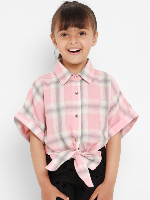 

Nauti Nati Girls Peach-Coloured & Grey Regular Fit Checked Casual Shirt