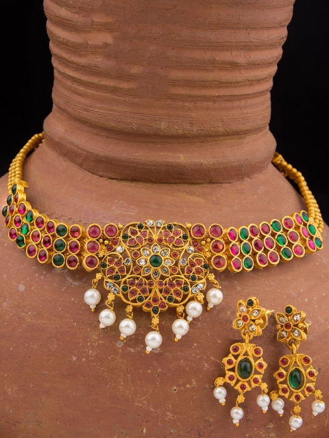 

Alankruthi Gold-Plated Pink & Green Stone-Studded & Beaded Temple Jewellery Set