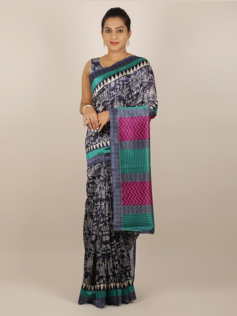 

Pothys Navy Blue Printed Jute Silk Saree
