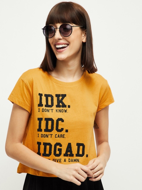 

max Women Yellow Printed Round Neck T-shirt