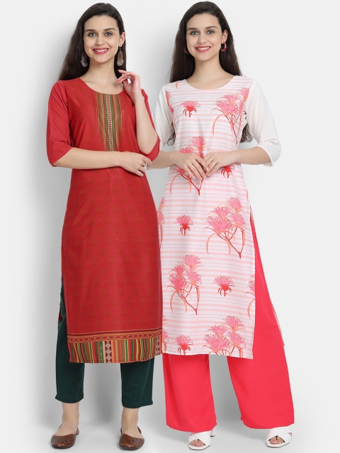 

7threads women Pack Of 2 maroon & pink floral printed crepe kurta