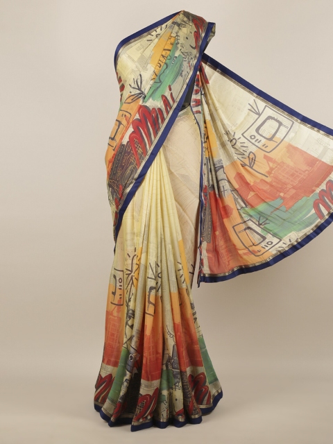 

Pothys Cream-Coloured Printed Poly Chiffon Saree