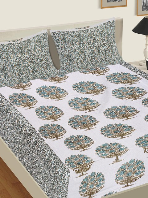 

Tistabene White & Turquoise Blue Ethnic Motifs 144 TC Cotton 1 King Bedsheet with 2 Pillow Covers