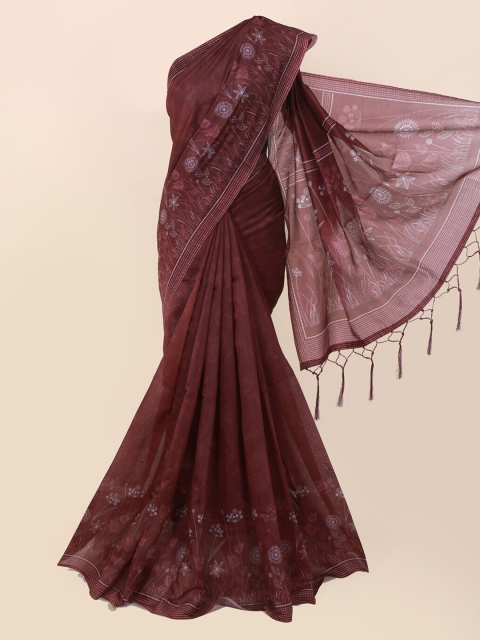 

Pothys Brown Printed Cotton Blend Saree With Tasseled Pallu