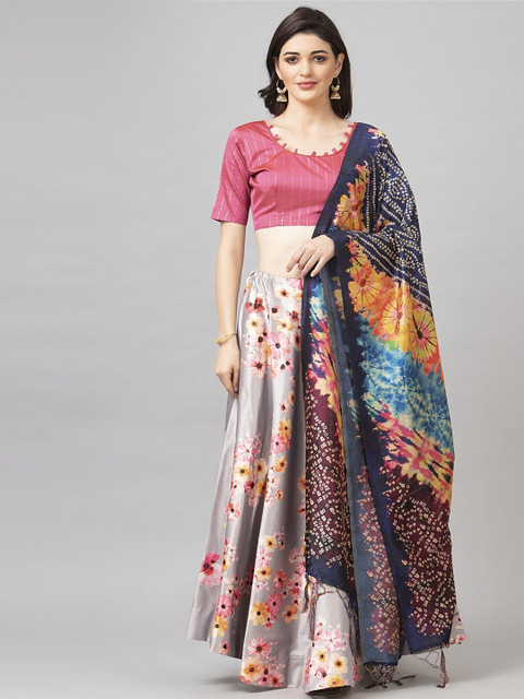 

Satrani Pink & Grey Printed Semi-Stitched Lehenga & Unstitched Blouse with Dupatta
