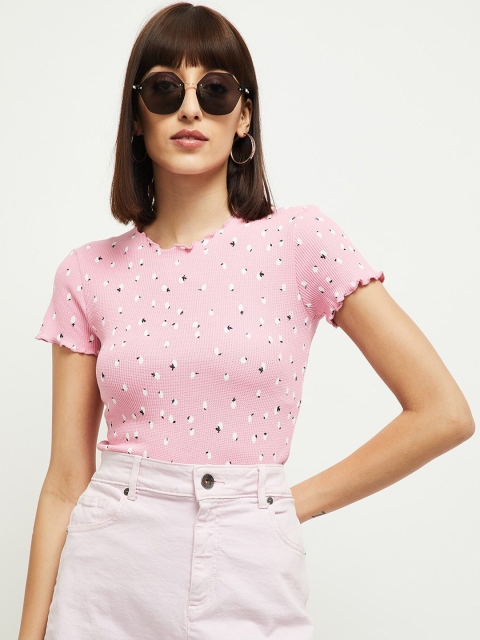 

max Women Pink Self Design Round Neck T-shirt