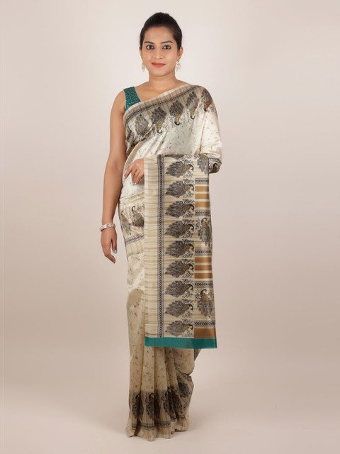 

Pothys Cream-Coloured Printed Jute Silk Saree