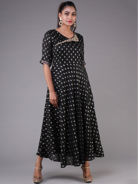 

KLM Fashion Mall Women Black & Gold-toned Ethnic Motifs Printed Thread Work Raw Silk Kurta