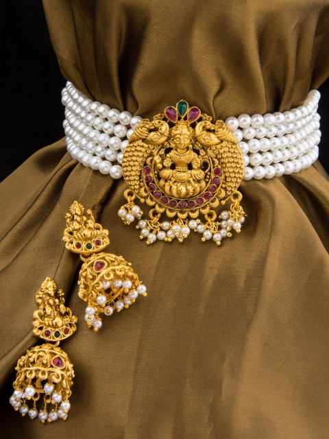 

Alankruthi Gold-Plated White & Pink Stone-Studded & Beaded Temple Jewellery Set