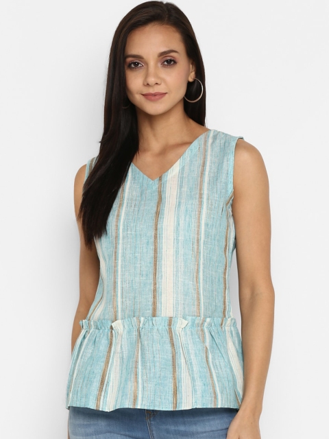

Fbella Women Turquoise Blue Striped Peplum Top