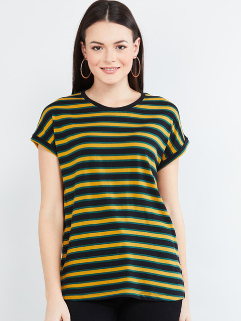

max Women Yellow & Navy Blue Striped Round Neck T-shirt