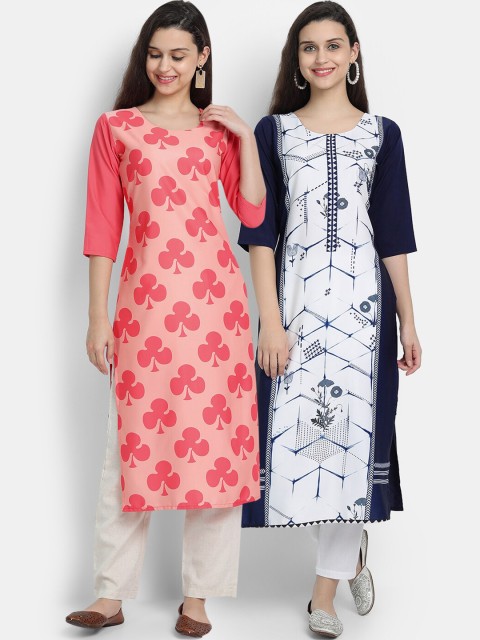 

7threads women Pack Of 2 navy blue & pink floral printed crepe kurta
