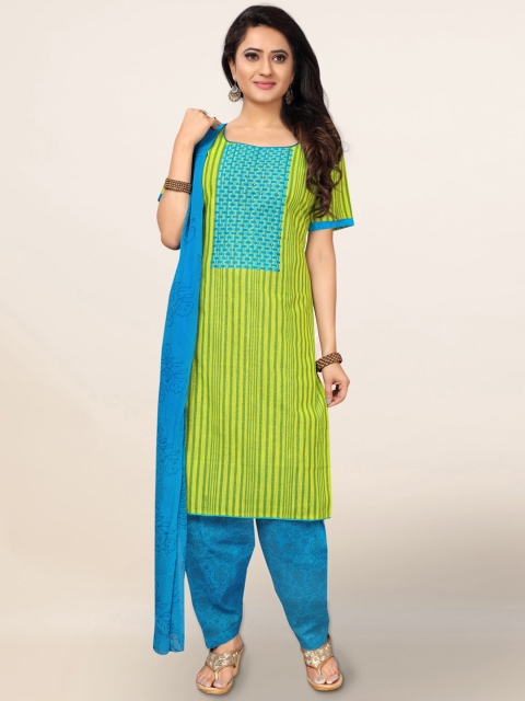 

Pothys Lime Green & Turquoise Blue Cotton Blend Unstitched Dress Material