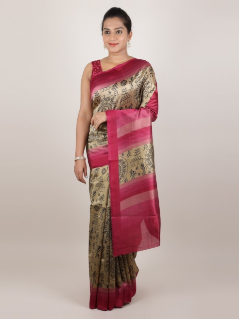

Pothys Tan & Pink Jute Silk Printed Saree