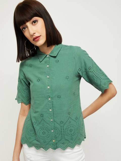 

max Women Green Regular Fit Printed Casual Schiffli Shirt