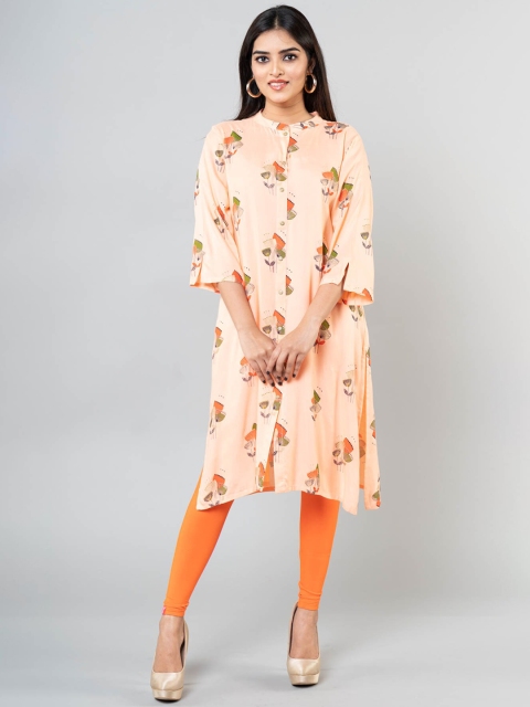 

KLM Fashion Mall Women Peach-Coloured & Green Floral Printed Flared Sleeves Kurta