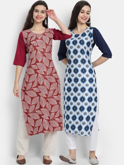 

7threads women Pack Of 2 maroon & blue floral printed crepe kurta