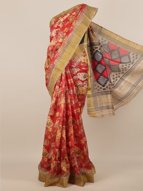 

Pothys Red & Gold-Toned Jute Silk Printed Saree