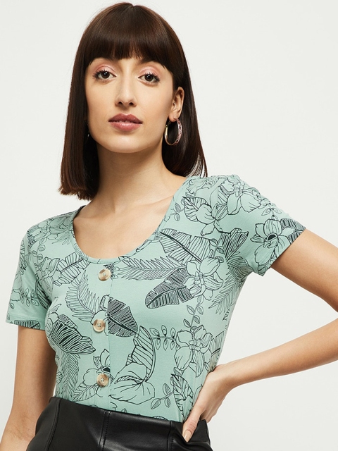 

max Women Sea Green Printed Scoop Neck Tshirt