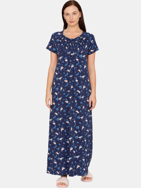 

Zivame Navy Blue & Pink Printed Cotton Nightdress