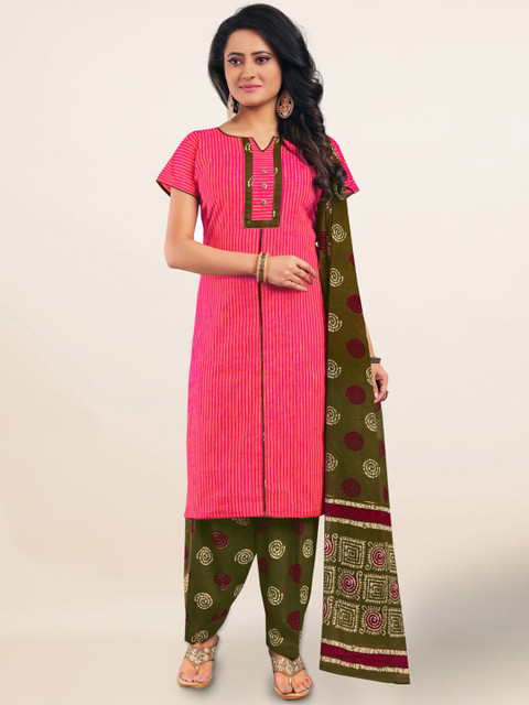 

Pothys Pink & Green Cotton Blend Unstitched Dress Material