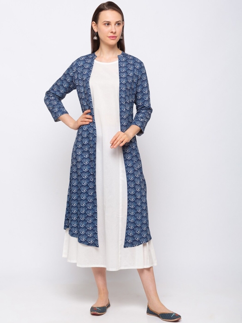

Ethnicity Women Blue Printed Open Front Jacket