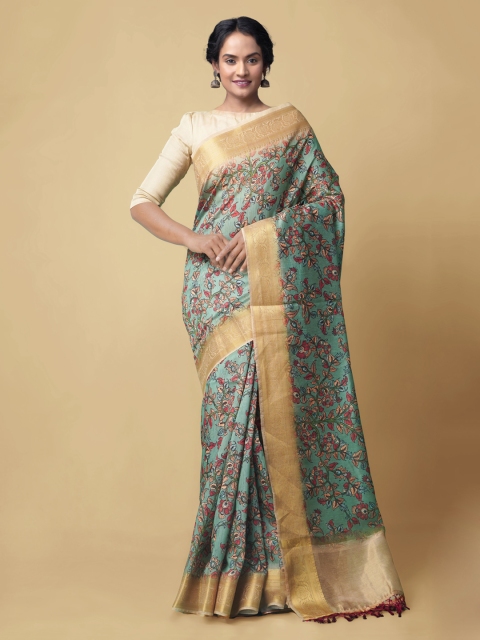 

Unnati Silks Green Silk Cotton Printed Chanderi Saree