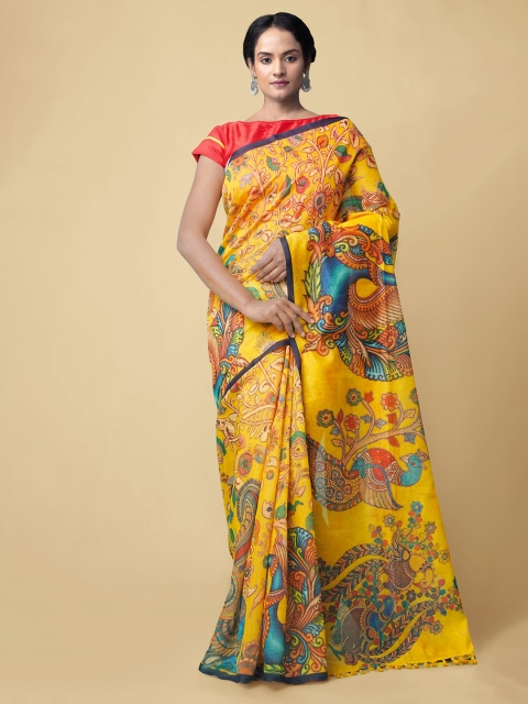 

Unnati Silks Yellow Silk Cotton Printed Chanderi Saree