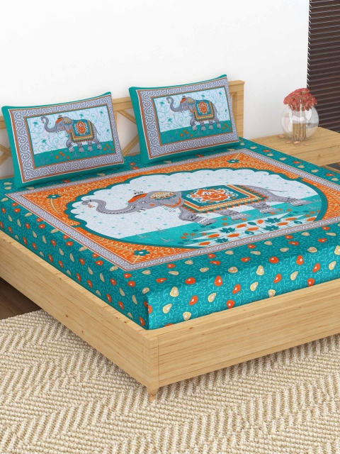 

METRO LIVING Green & Grey Ethnic Motifs 104 TC Cotton 1 Queen Bedsheet with 2 Pillow Covers