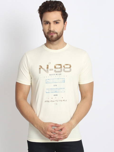 

98 Degree North Men Off-White & Blue Printed Round Neck T-shirt