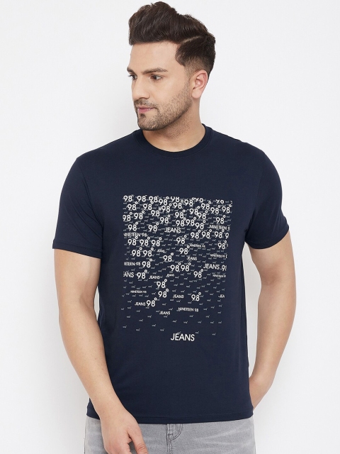 98 Degree North Men Navy Blue & White Printed Round Neck T-shirt