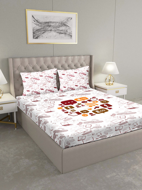 

BELLA CASA White & Maroon Graphic 124 TC Cotton 1 King Bedsheet with 2 Pillow Covers