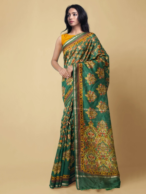 

Unnati Silks Green Silk Cotton Printed Chanderi Saree