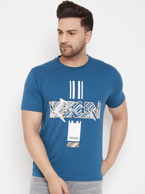 

98 Degree North Men Blue & White Printed Round Neck T-shirt